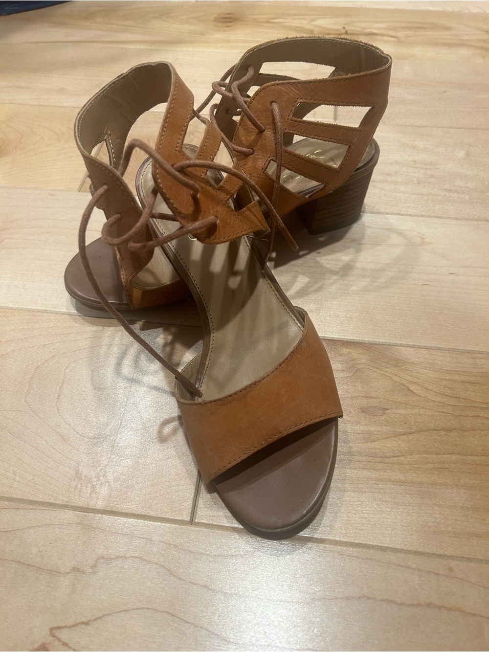 Franco Sarto Tan Lace-Up Cutout Block Heel Sandals